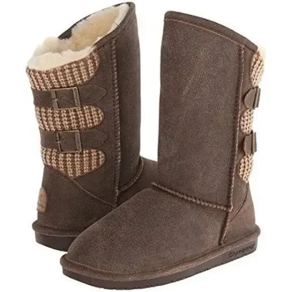 Bearpaw Boshie Women’s Winter Boots Brown Suede Knit Buckle Shearling Lined Sz 7 - Picture 2 of 9